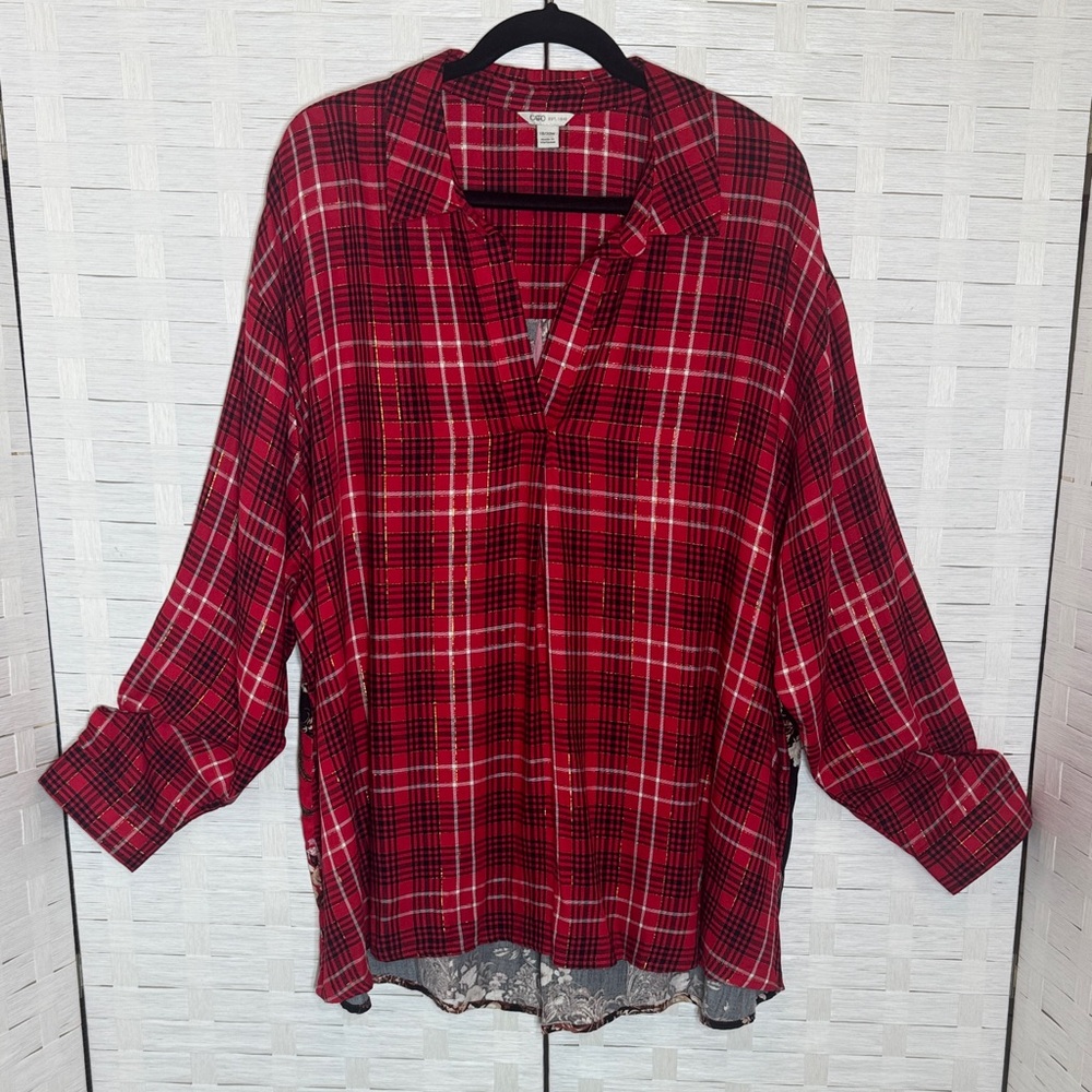 Cato Red & Black Plaid Floral Back Tunic Top Pullover Oversized Size 18/20W